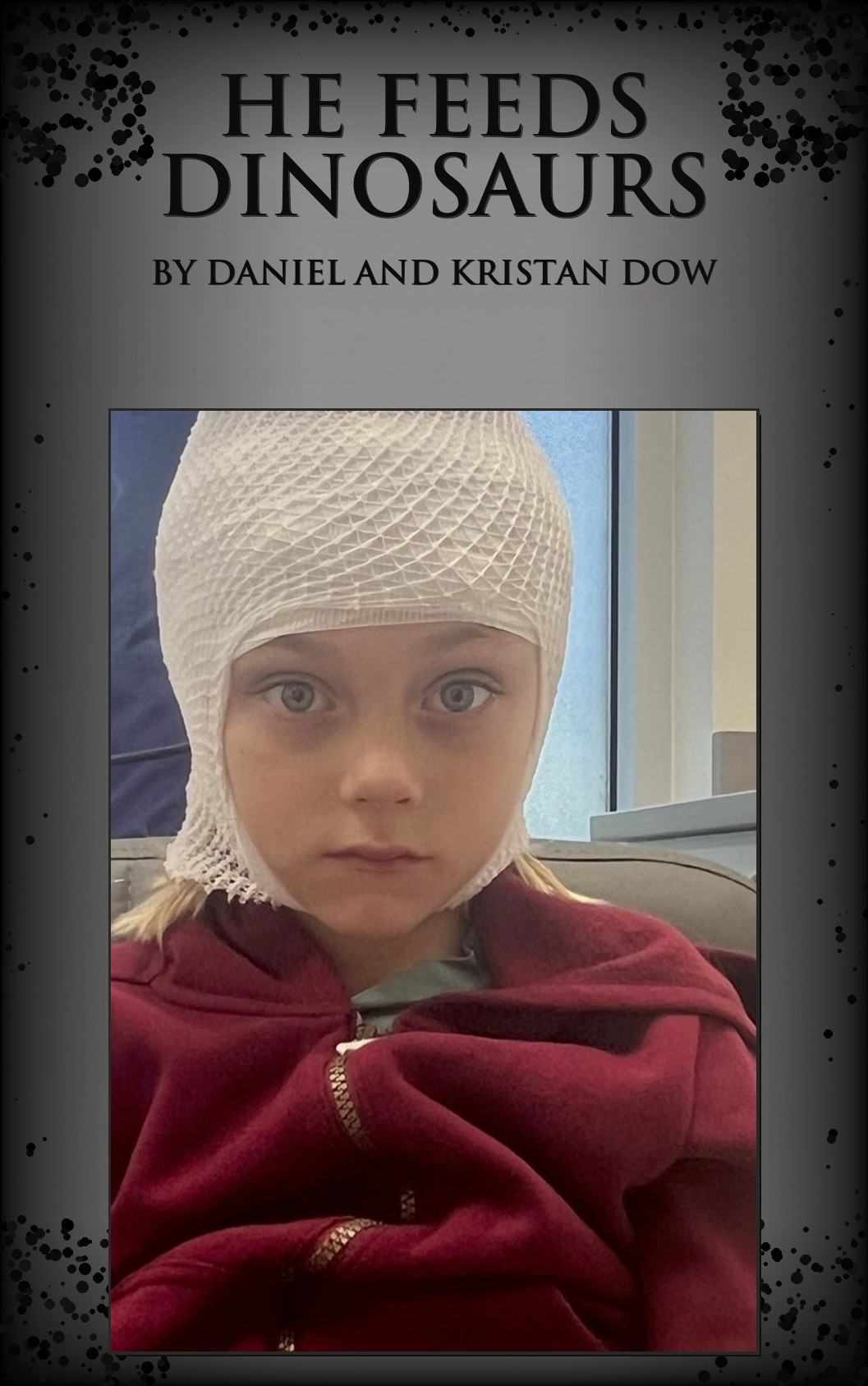 He Feeds Dinosaurs book cover — Elijah in an EEG mesh cap and red hoodie, looking directly at the camera